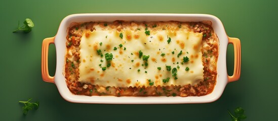 Aufkleber - Italian Restaurant Banner. A view from above of a lasagna dish filled with vegetables, minced meat, cheese Bolognese, and bechamel sauce. The banner includes a menu, recipe, and ample space for text.
