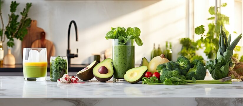Green smoothies made with organic ingredients and vegetables are a popular concept in the food and drink, healthy dieting and nutrition, and vegan lifestyle. The modern kitchen table with a copy