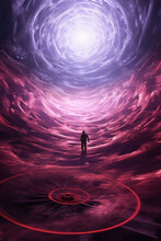 Man Man Dreaming. Silhouette Of A Man. Mindfulness Concept. Brain. Purple And Pink Stormy Vortex. Time Travel. Creative Mind.