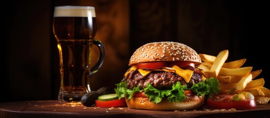 Poster - Burger and beer - a hamburger made with beef, cheese, onion, tomato, and green salad, served with pickles and french fries on a dark background. space for text and has a selective focus.