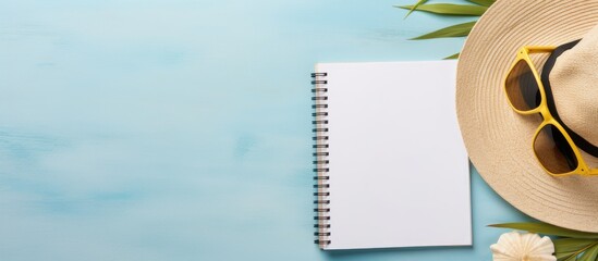 Poster - A writing book with summer beach accessories is placed on a background and has copy space. is a flat lay with enough space for writing or copy.