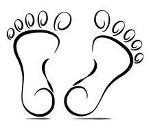 Cartoon Black Outlines Of Human Feet On A White Background. Emblem, Logo, Icon, Symbol, Sign. Illustration.