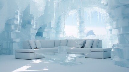 Ice living room made with Ai generative technology, Property is fictional