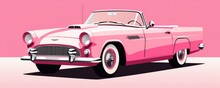 Illustration Of A Pink Classic Convertible Car. Pink Car On The Background. Generative AI.