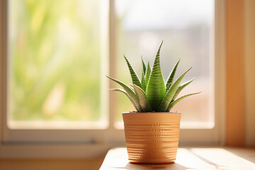 Wall Mural - a soothing green aloe vera plant in a terracotta pot, soft focus background, sunlit from a nearby window