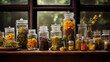 A tableau of various natural remedies in glass jars, including dried chamomile, hawthorn berries, and elderflower. Antique wooden table, soft natural lighting, captured in the style of a vintage apoth