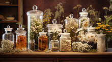 A Tableau Of Various Natural Remedies In Glass Jars, Including Dried Chamomile, Hawthorn Berries, And Elderflower. Antique Wooden Table, Soft Natural Lighting, Captured In The Style Of A Vintage Apoth