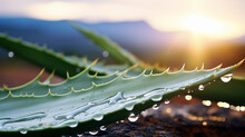 Aloe Vera Plant With Fresh Gel Dripping From A Sliced Leaf, Set Against A Serene, Out Of Focus Desert Background, Dusk Lighting