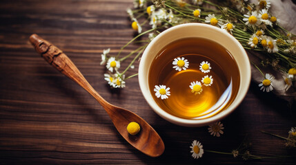 Wall Mural - a steaming cup of chamomile tea, with dried chamomile flowers and a silver spoon on a wooden table, cozy, hygge vibes