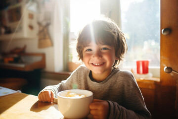 The boy has breakfast porridge sitting near the window