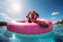 Cheerful Happy Dog With Sunglasses Swimming In The Pool On An Inflatable Pink Circle. Concept Of Fun Holidays With Animals. 