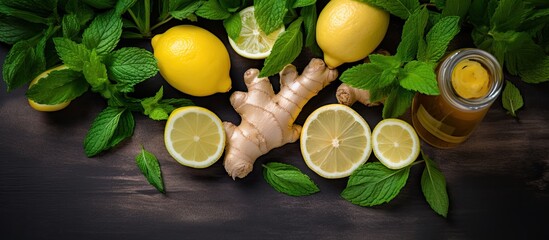 ingredients for a ginger drink with lemon, honey, and lemon balm, a healthy food to enhance your imm