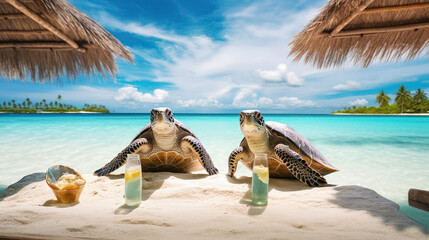 two turtles on beautiful beach with white sand, turquoise ocean, blue sky with clouds and palm tree 