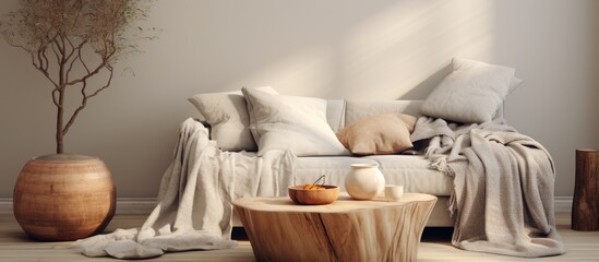 Aufkleber - Cozy home decor includes a natural tree stump table, a plant, posters, and a soft gray cotton blanket resting on a wooden beige couch.
