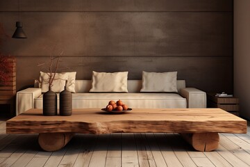 Wall Mural - A wooden table sits vacant in front of a sofa in the interior of a living room, ready to showcase and present products.