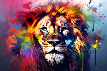  illustration of lion amidst stains of watercolor paint