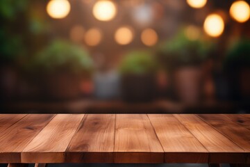 Sticker - A wooden board is placed on an empty table in front of a blurred background in a coffee shop. The perspective view shows a brown wooden surface overlaying the blurry backdrop. This mock up can be used