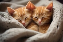 At Home, There Are Two Adorable Four Month Old Ginger Kittens Peacefully Sleeping On A Cozy Blanket On The Sofa.