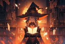 Halloween Witch Girl Holding Bewitched Book With Magic Glows. Beautiful Young Woman In Witches Hat Conjuring, Making Witchcraft On Spooky Dark Magic Room Library Background.