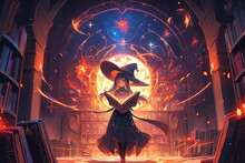 Halloween Witch Girl Holding Bewitched Book With Magic Glows. Beautiful Young Woman In Witches Hat Conjuring, Making Witchcraft On Spooky Dark Magic Room Library Background.