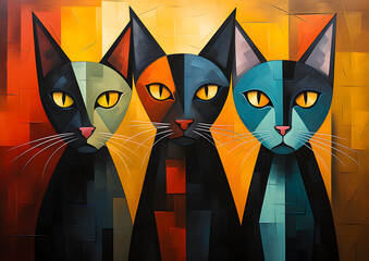  Three cats in cubism style. 