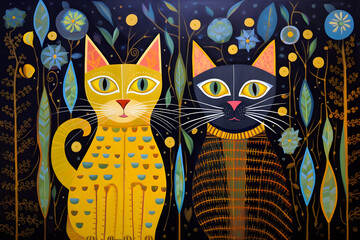  Two cats in folk art style.