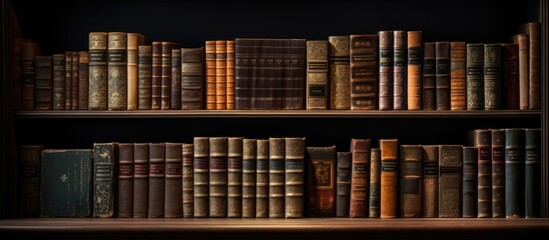 Poster - Vintage books are displayed on a dark background shelf, allowing for copy space.