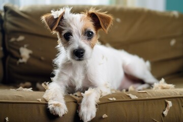 Poster - A young Jack Russell Terrier puppy with wiry hair is sitting on a beige couch, facing the camera. This small dog has a rough coat and amusing patches of fur discoloration. The photo is taken up close