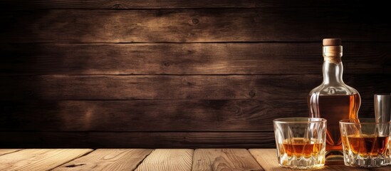 Aufkleber - A banner with a rustic wood background featuring Scotch whiskey without ice in glasses and a bottle, with copy space available.