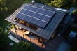 An overhead perspective of a typical American residential roof showcasing solar panels in blue color that generate environmentally friendly and sustainable electricity. This concept promotes the
