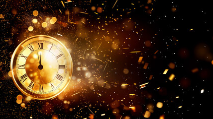 Happy New Year countdown. Clock and fireworks, lights and bokeh effect. Golden clock on dark festive background with copy space.