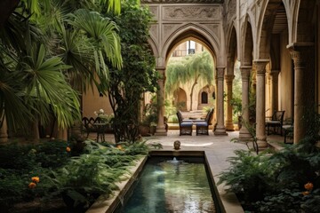 An outdoor courtyard in an ancient Syrian residence features a traditional water fountain and lush vegetation.