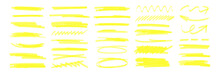 Yellow Marker Brush Lines. Highlighter Underline Scribbles. Paint Pen Handdrawn Strokes. Vector Illustration Of Grunge Freehand Watercolor Ink Pencil Marks