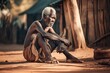 Portrait of an old starving African man sitting on the ground in the village.