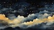 Golden and black night sky painting with the moon, stars and clouds in different shades.