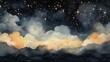 Golden and black night sky painting with the moon, stars and clouds in different shades.