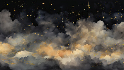 Wall Mural - golden and black night sky painting with the moon, stars and clouds in different shades.
