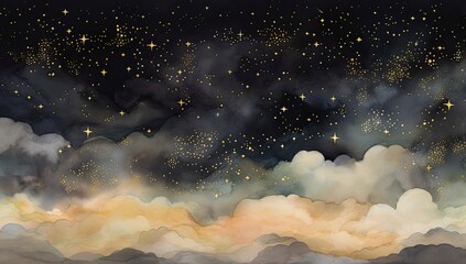 golden and black night sky painting with the moon, stars and clouds in different shades.