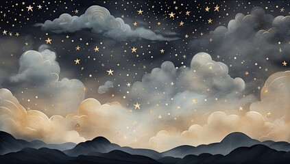 Wall Mural - golden and black night sky painting with the moon, stars and clouds in different shades.