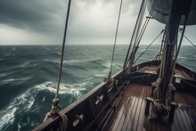 Stormy Sea, Stormy Weather, Waves Crashing On The Deck Of A Sailing Ship.