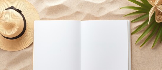 Poster - A blank writing book with summer beach accessories on the background, offering copy space. The flat lay photograph has plenty of space for copying or writing.