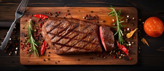 Poster - A top-down view of grilled beef steak with spices on a cutting board, with space for adding text.
