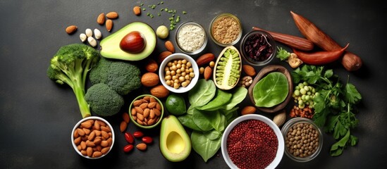 Poster - Healthy vegan food displayed on a gray background with enough space for additional content. The selection includes superfoods such as nuts, beans, greens, and seeds.
