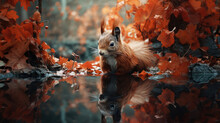 Squirrel On The River In Autumn Forest With Golden Leaves