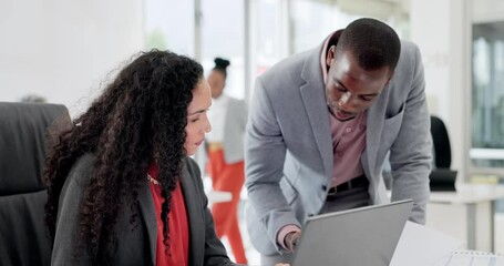 Canvas Print - Laptop, discussion and manager helping a businesswoman in the office with a corporate project. Technology, conversation and professional African male leader talking to a female colleague in workplace