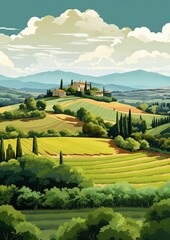 Wall Mural - Farmland Tuscany, art nouveau vector illustration made with Generative AI 