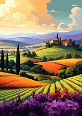 Wall Mural - Farmland Tuscany, art nouveau vector illustration made with Generative AI 