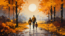 Painting Of A Family Walking In A Park In Autumn