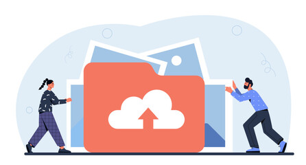 Poster - people with cloud storage concept. online electronic storage and archive. man and woman near folder 