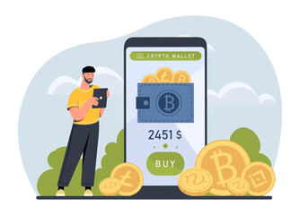 Poster - man with crypto wallet concept. young guy with smartphone. blockchain technology and electronic mone
